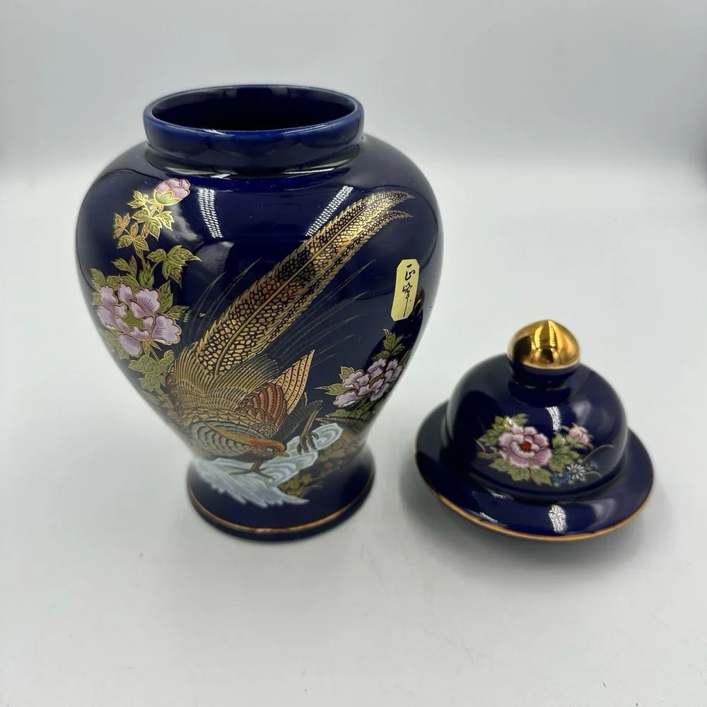 Vintage‎ Yamaji Japan Cobalt Blue Lidded Jar Gold Pheasant 8